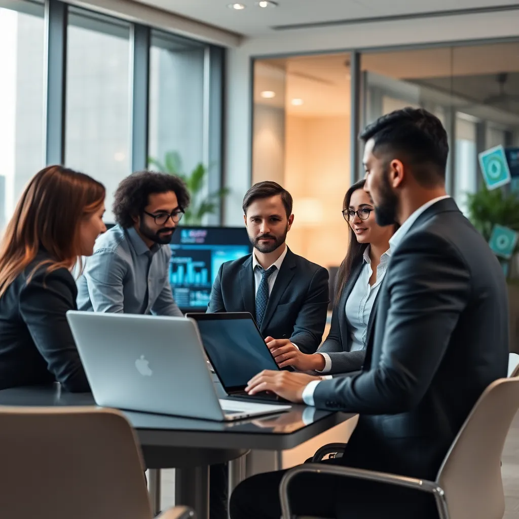 Professional IT team collaborating on strategic technology solutions in modern office environment