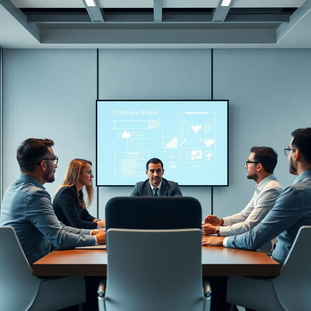 Professional team meeting discussing IT strategy and business technology solutions